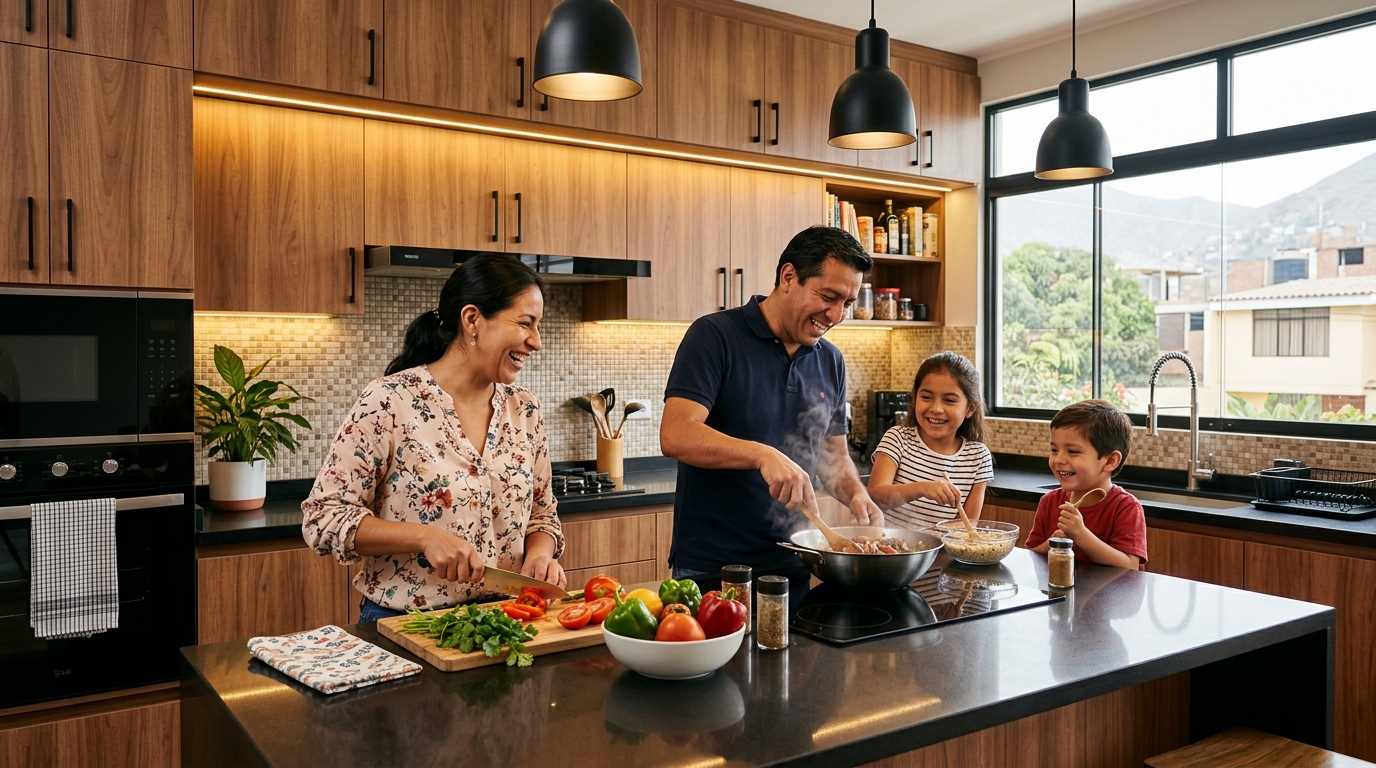 Familia feliz disfrutando su cocina a medida JAS Decor en Lima