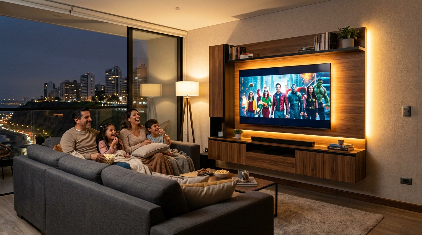 Familia disfrutando de su centro de entretenimiento TV JAS Decor en Lima